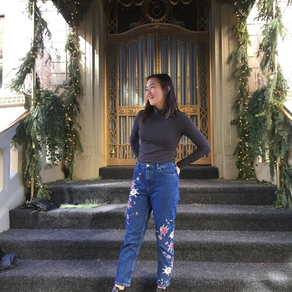Topshop Denim Mom Jeans w/ Embroidered Florals - Picture 1 of 5